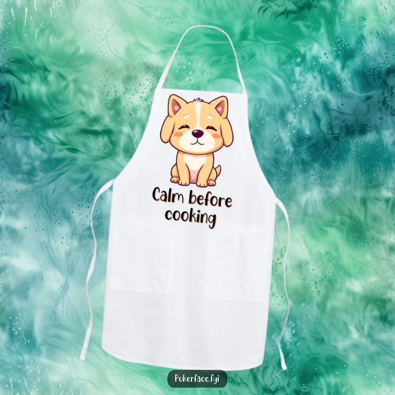 Funny Apron showcasing a calm dog character with a neutral, unmoving posture, designed for peaceful cooking.