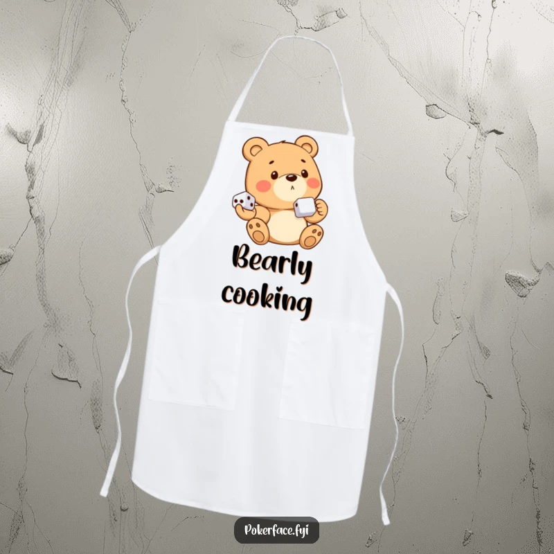 Funny bear character with no emotion, holding dice, on a functional kitchen apron, perfect for cooking.