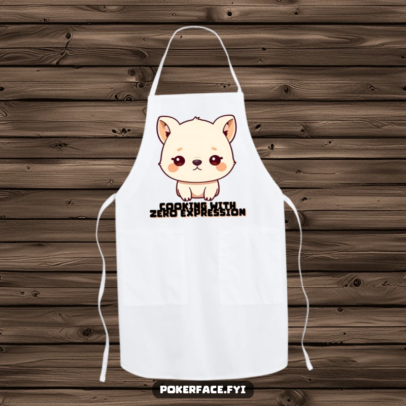 Funny apron featuring a small animal character with a blank, unblinking stare, adding humorous, no-nonsense style to any kitchen.