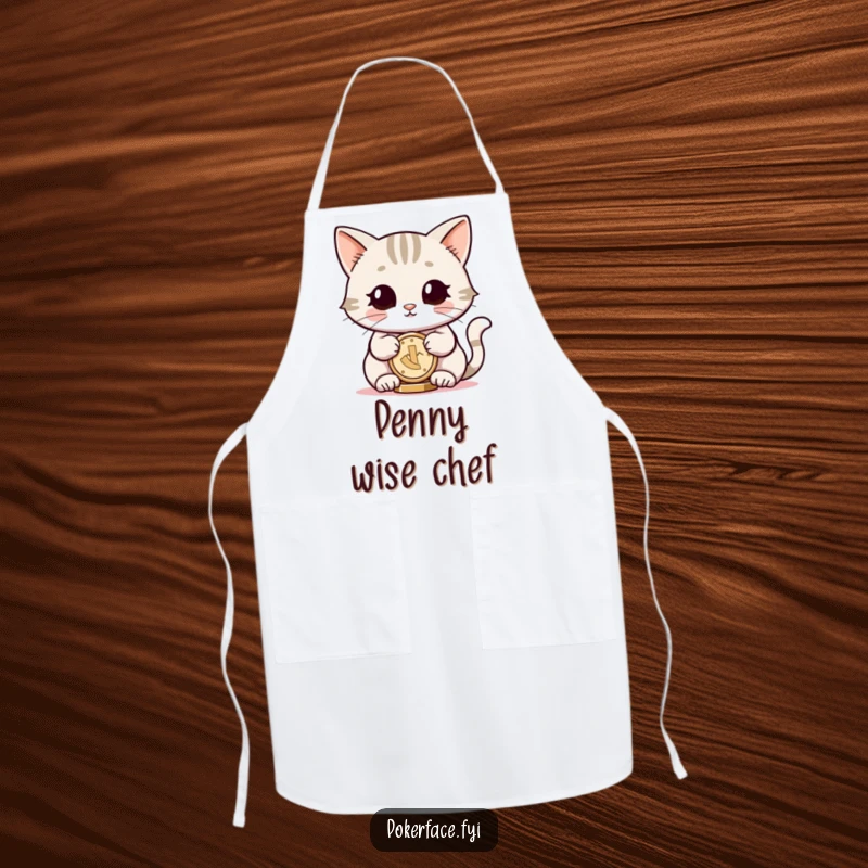 Funny apron featuring a smiling cat with neutral eyes, balancing a coin, perfect for adding zen humor to cooking.