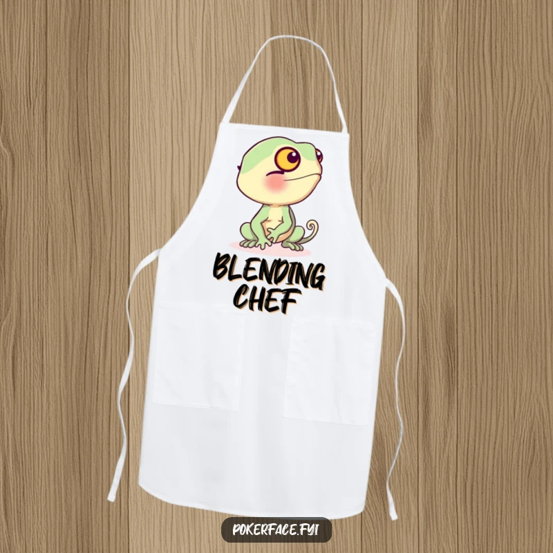 Funny Apron with a blushing chameleon turning beige, perfect for kitchen humor and shy chefs.