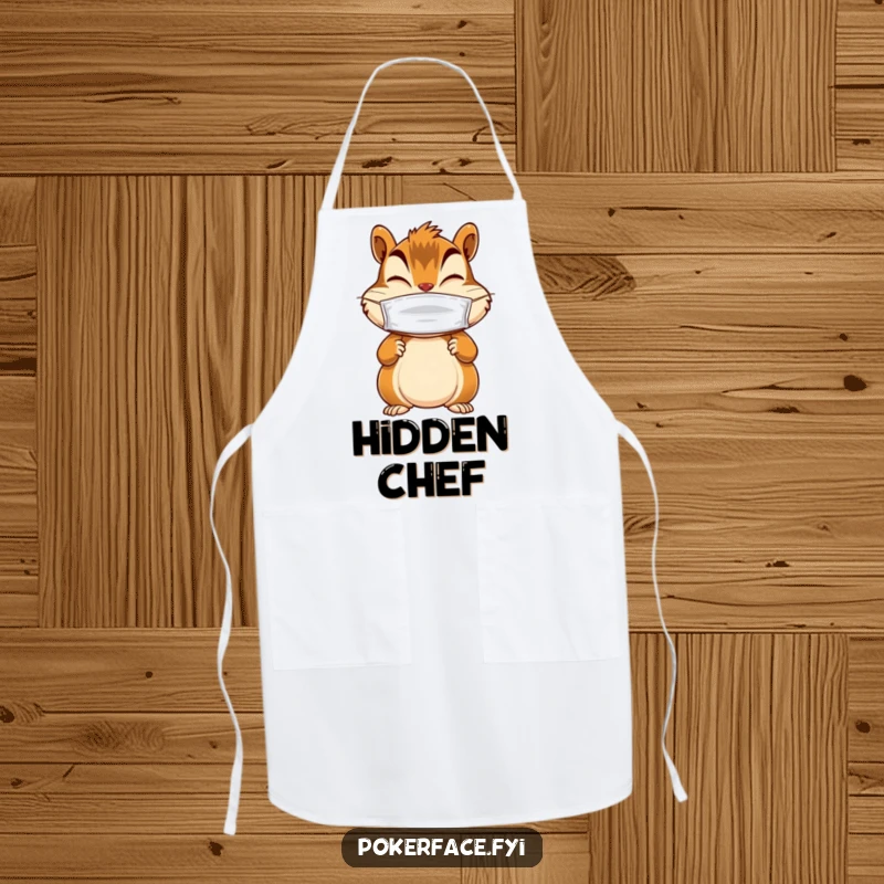 Funny apron featuring a giggling chipmunk with still paws and a blank mask, perfect for adding mysterious humor to cooking.