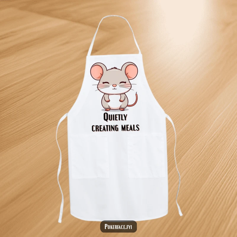 Funny Apron: A composed mouse with a still, emotionless face, designed for chefs who maintain composure and enjoy a touch of quiet humor.