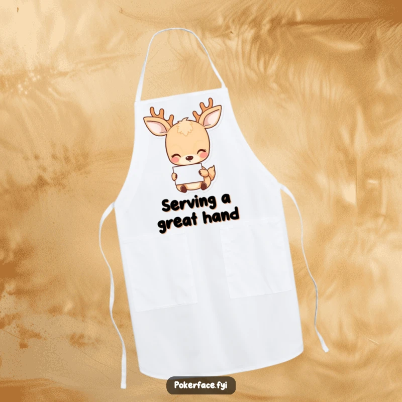 Funny Deer Apron: Placid deer character with a neutral gaze holding a card, ideal for kitchen tasks.