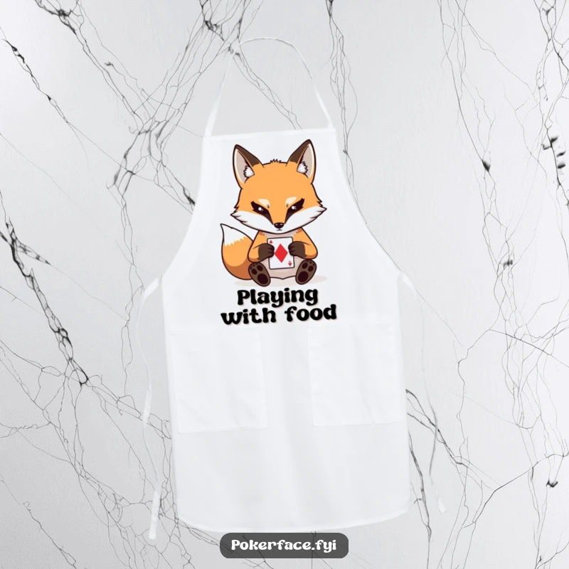 Funny apron showcasing a stoic fox with a blank stare, playing a card, perfect for kitchen duties with poker-faced humor.