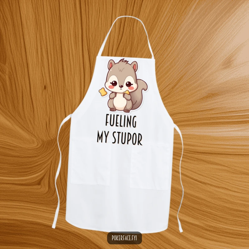 Funny Apron: Kawaii squirrel with a vacant stare, clutching a single chip, a hilarious kitchen accessory for snack enthusiasts.