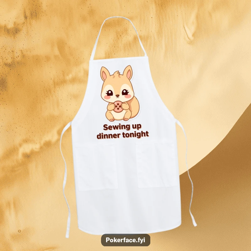 Funny kitchen apron with a humorous illustration of a squirrel holding a button, its eyes wide and unblinking. Great for chefs.