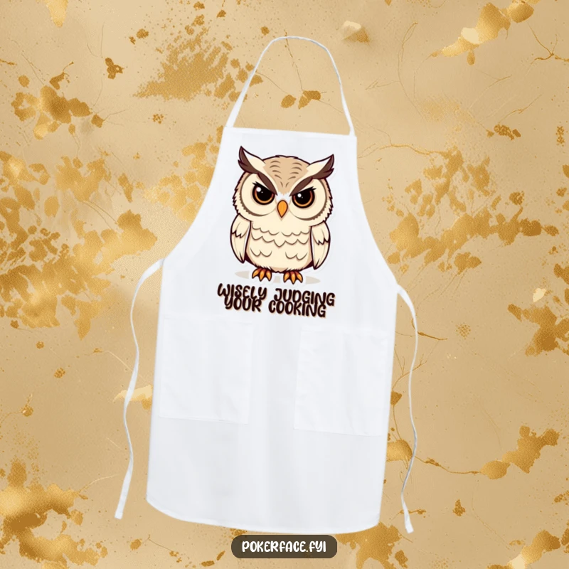 Funny Owl Apron featuring a stoic owl with unblinking eyes, ideal for kitchen adventures with humorous, silent wisdom, a perfect funny gift.
