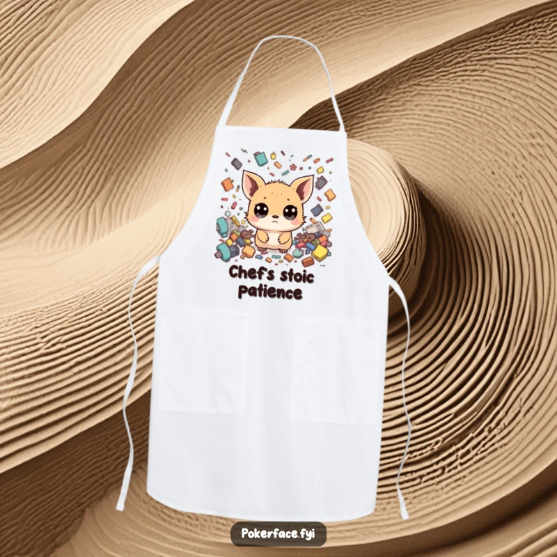 Funny Zen Creature Apron: Wide-eyed creature with a neutral face amidst chaos, ready to bring funny calm to the kitchen.