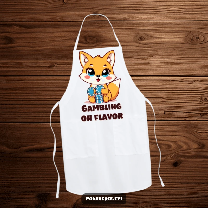 Funny fox character with unwavering eyes and poker chips on a functional kitchen apron, perfect for cooking.