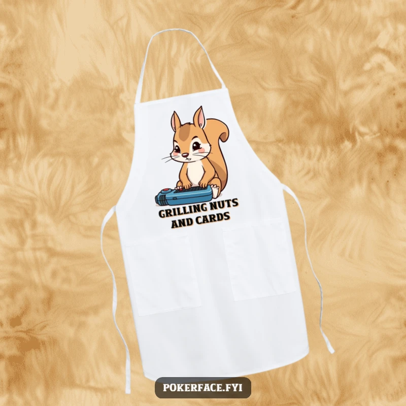Funny squirrel apron featuring a poker ace squirrel with rigid, intense focus on the game, ready to cook.