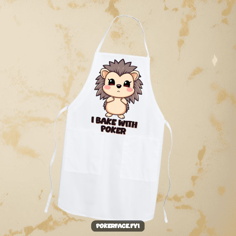 Funny hedgehog apron featuring a poker ace hedgehog with a straight flush and a perfectly emotionless expression, ready to cook.