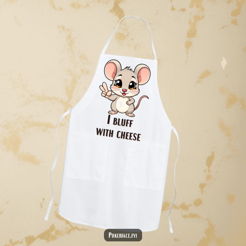Funny mouse apron featuring a poker genius mouse with a winning hand and an unblinking, focused expression, ready to cook.