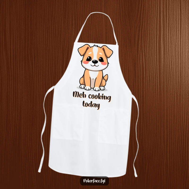 Funny Apron: A Dog Character with an Unexcited Tail Wag, Cooking Dอย่างไม่ตื่นเต้น.