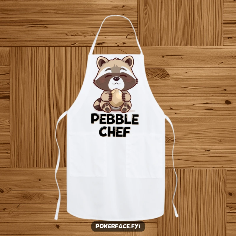 Funny Apron with a content raccoon holding a shiny pebble, perfect for kitchen humor and collectors.