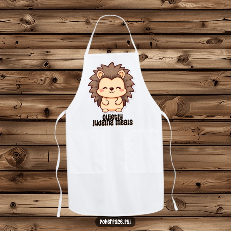 Funny Hedgehog Apron featuring a reserved character with a straight, unrevealing face, perfect for kitchen duty with a humorous twist.