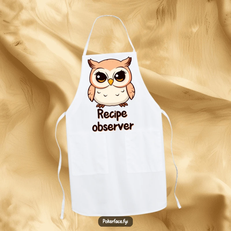 Funny Owl Apron displaying a placid character with a fixed, unwavering gaze, designed for humorous kitchen wear and cooking protection.