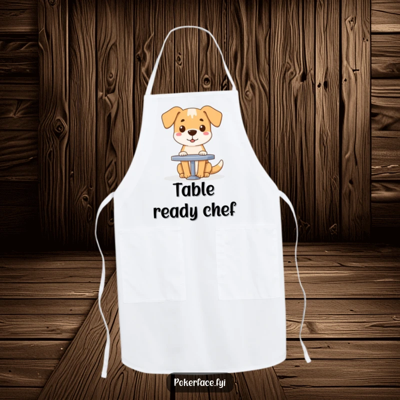 Funny dog character with a blank face sitting at a table on a functional kitchen apron, ideal for cooking.