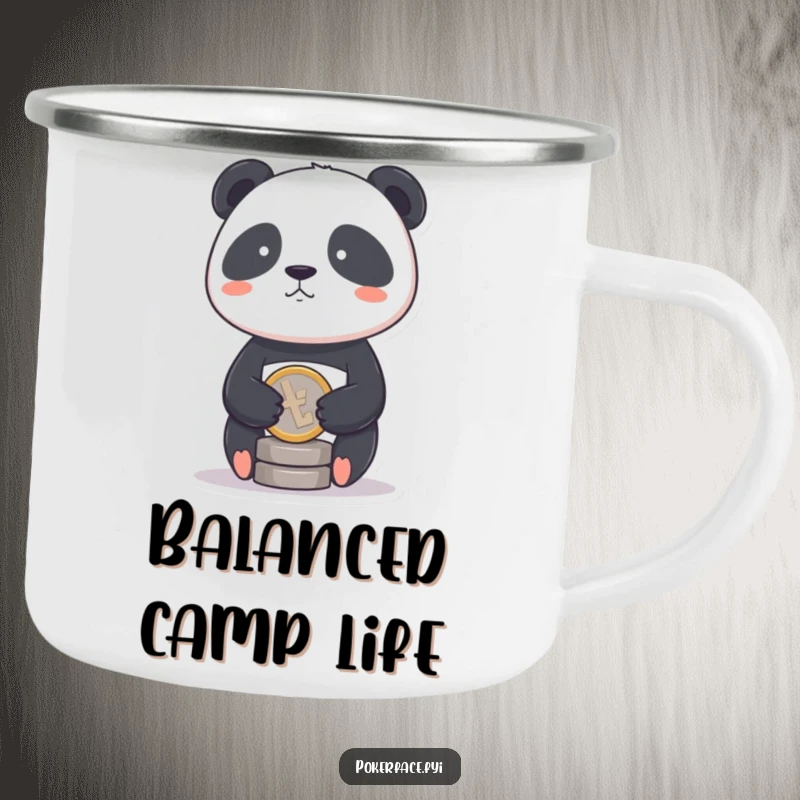 Funny Panda Coin Camping Mug showing a panda with a stoic face balancing a single coin, perfect for humorous outdoor sipping.