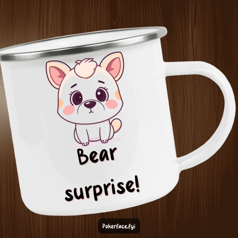 Funny surprised animal camping mug featuring a pet with wide eyes and a neutral mouth, expressing silent surprise outdoors.