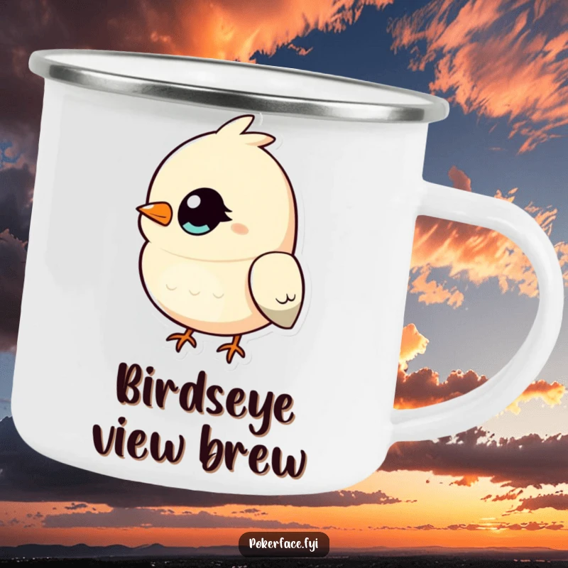Funny Bird Camping Mug showcasing a bird with a single, unblinking eye, radiating outdoor humorous focus and a vigilant vibe, perfect for adventurers and gift.