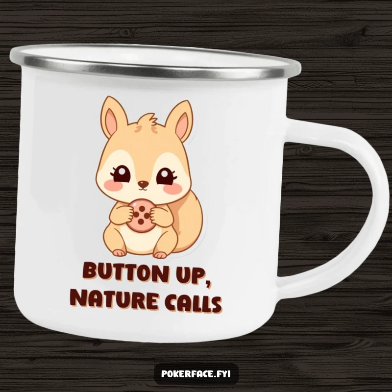 Funny enamel camping mug with a humorous squirrel design holding a single button, its eyes unmoving. Durable outdoor drinkware.