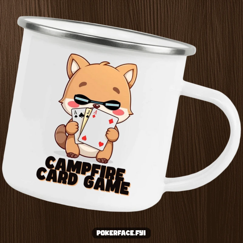 Funny Animal Card Camping Mug showing a character holding a mystery card, perfect for outdoor humor and intrigue.