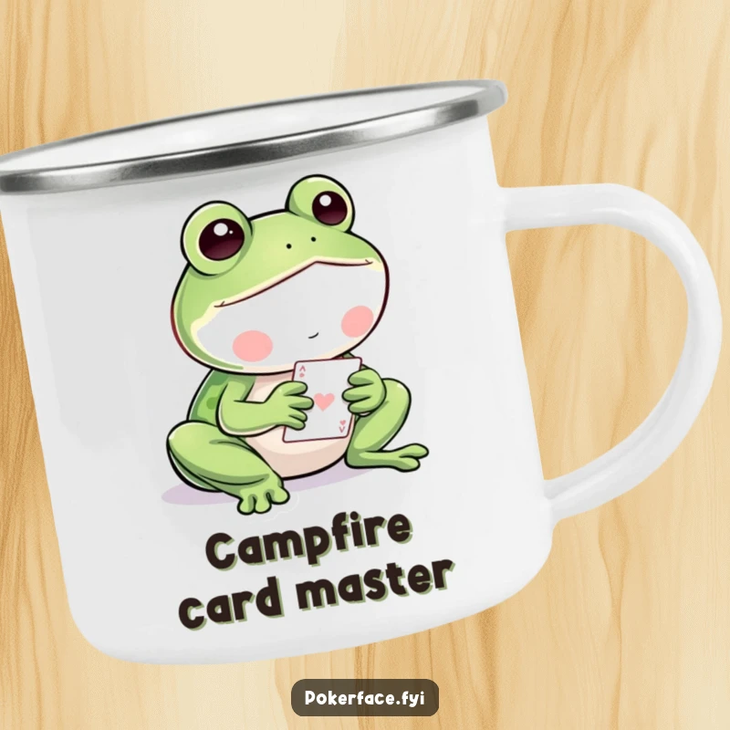 Funny Frog Camping Mug: Still frog playing cards, sturdy for outdoor adventures, a calm humorous companion.