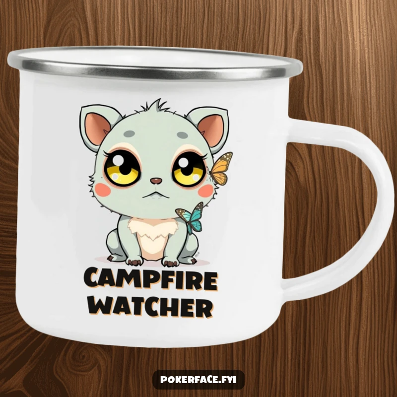 Funny Staring Creature Camping Mug: Creature with large unblinking eyes watching a butterfly, perfect for funny outdoor moments of observation.