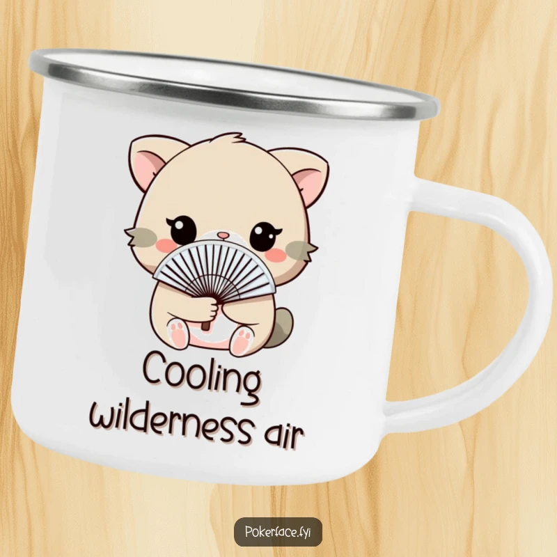Funny Camping Mug of an animal holding a fan discreetly, for playful and subtle outdoor moments.