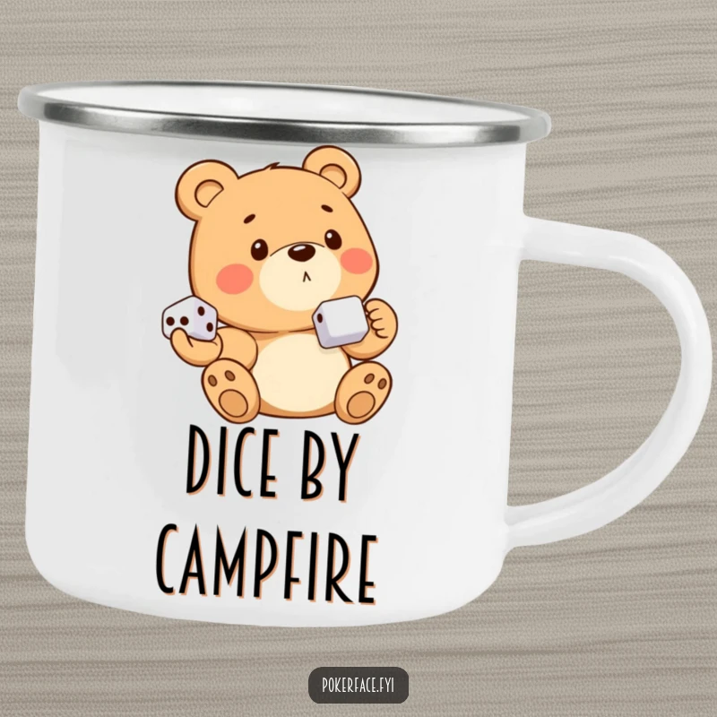 Funny bear character with no emotion, holding dice, on an enamel camping mug, perfect for outdoor use.