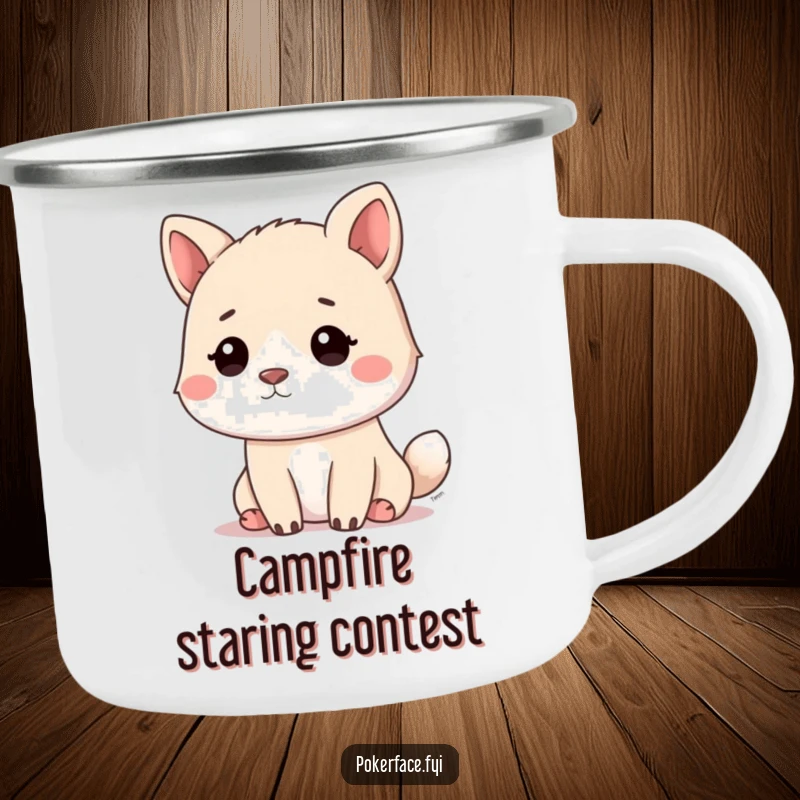 Funny calm animal camping mug featuring a pet with a vacant, downward blank stare, embodying outdoor tranquility.