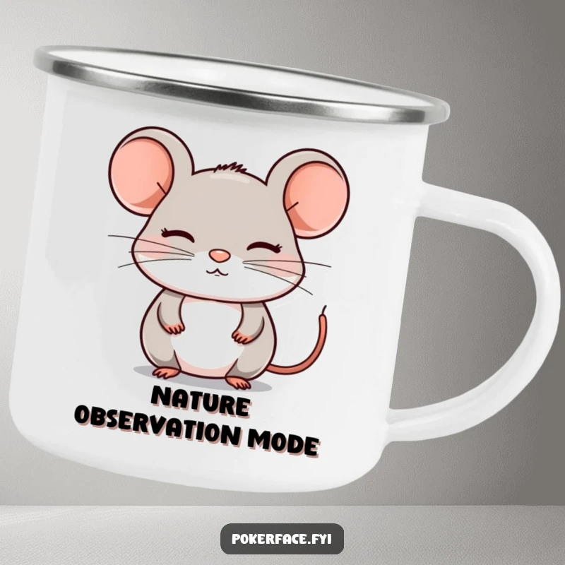 Funny Camping Mug: A composed mouse with a still, emotionless face, designed for outdoor adventures and enjoying quiet moments.