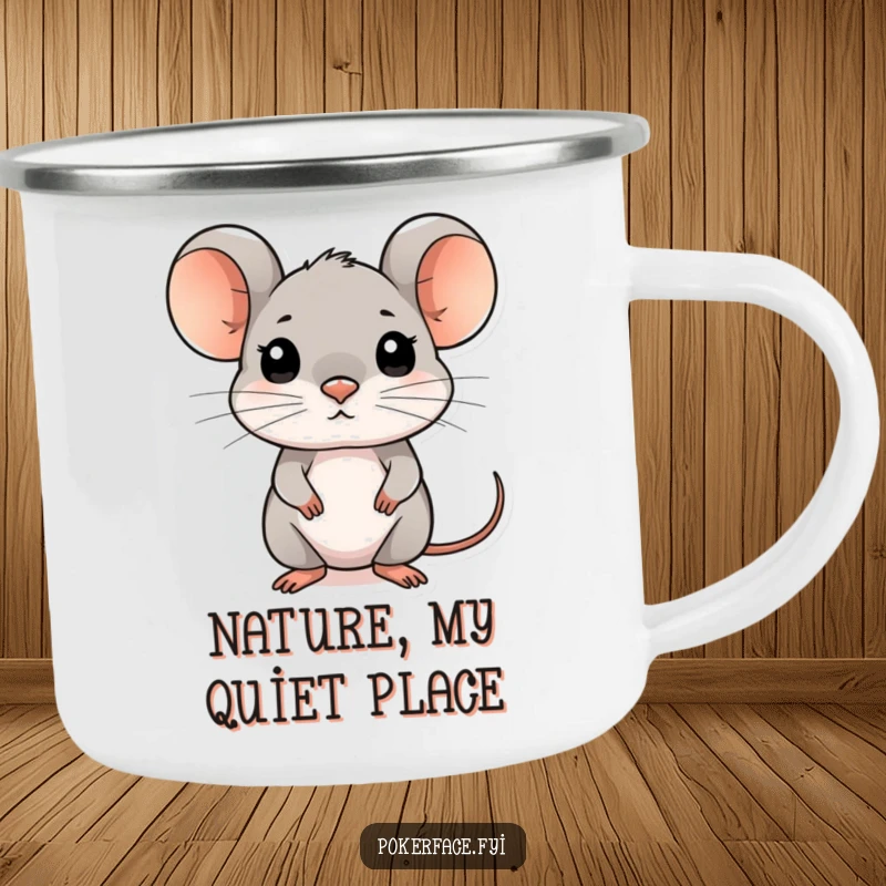 Funny composed mouse camping mug with a mouse character having an unreadable face, perfect for outdoor use.