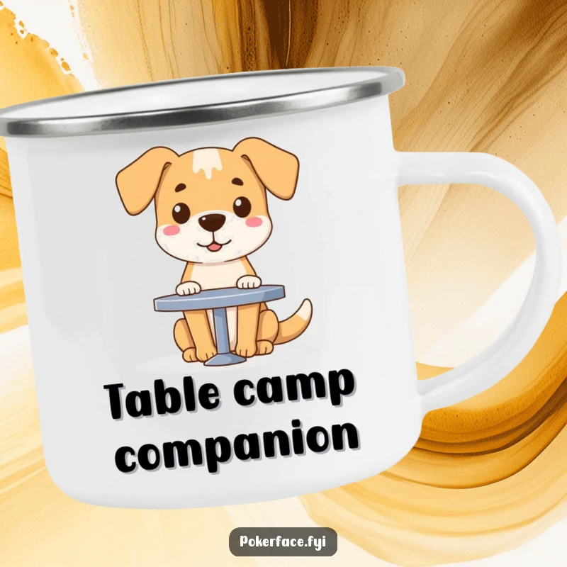 Funny dog character with a blank face sitting at a table on an enamel camping mug, perfect for outdoor use.