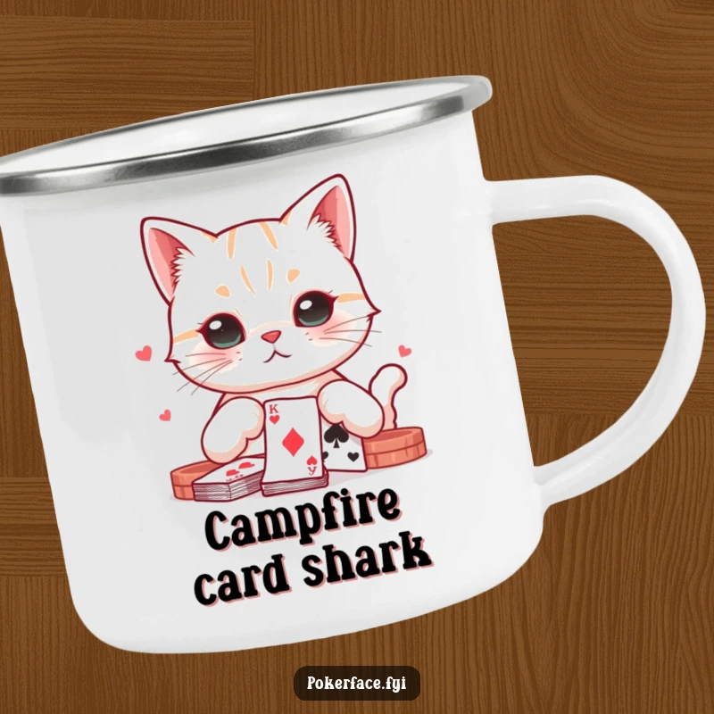 Funny cat with a neutral expression playing cards on a durable enamel camping mug, perfect for outdoor use.