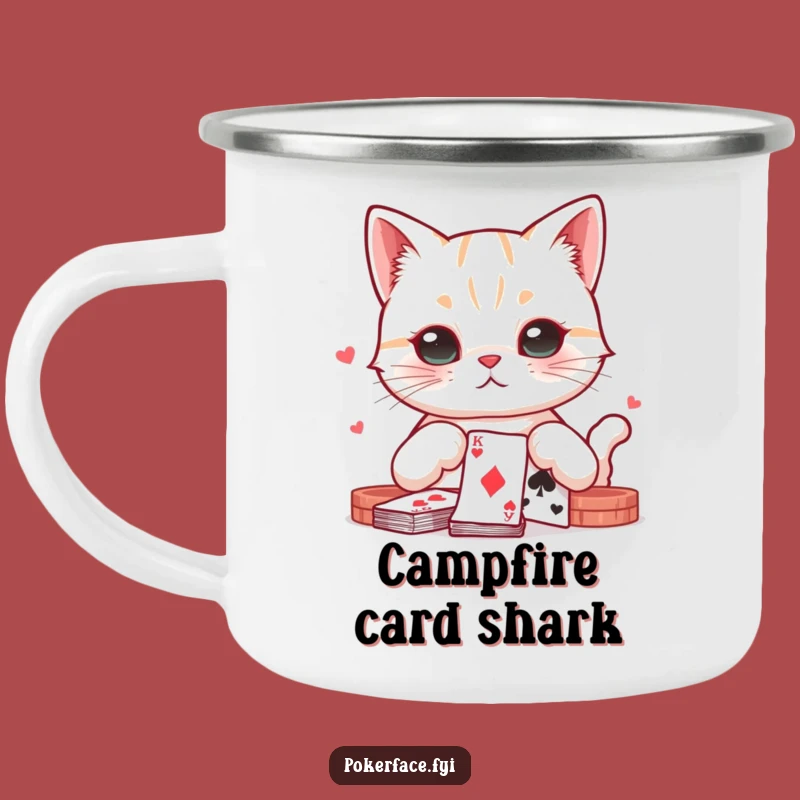 Funny Enamel Poker Cat Camping Mug: Neutral Feline Playing Cards - Rugged Funny Gift!