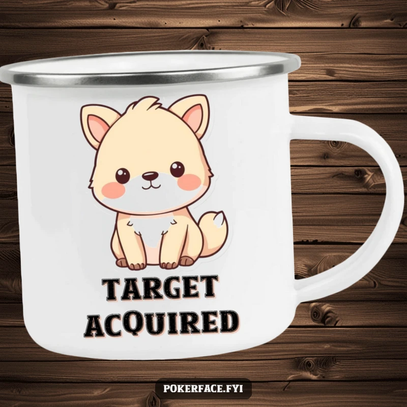 Funny focused animal camping mug featuring a pet with an intense, unblinking stare, embodying outdoor concentration.