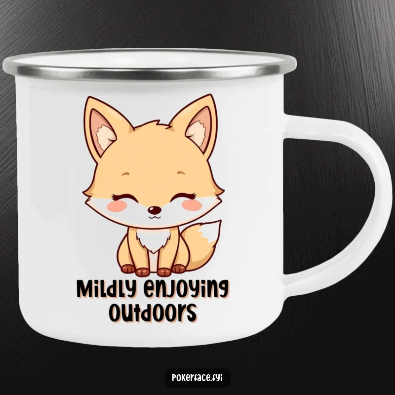 Funny Fox Camping Mug with a neutral character's mild, unchanging face, durable and perfect for outdoor adventures.