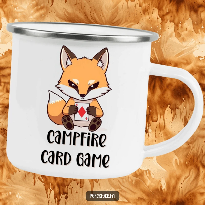 Funny camping mug depicting a stoic fox with a blank stare, playing a card, ideal for outdoor drinks with poker-faced humor.