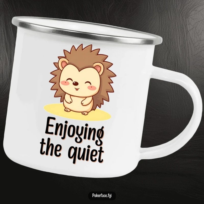 Funny Hedgehog Camping Mug showing a happy hedgehog with a flat, unchanging expression, perfect for humorous outdoor enjoyment.