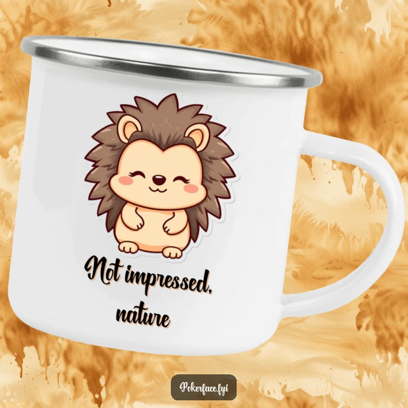 Funny Hedgehog Camping Mug with a reserved character's straight, unrevealing face, durable and perfect for outdoor adventures.