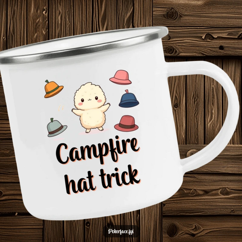 Funny Juggling Creature Camping Mug: Fluffy character juggling hats, bringing funny vibes to outdoor adventures.