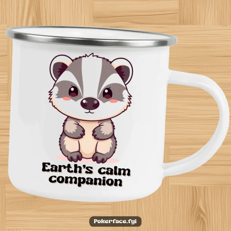 Funny neutral badger camping mug with a badger character having a blank expression, perfect for outdoor use.