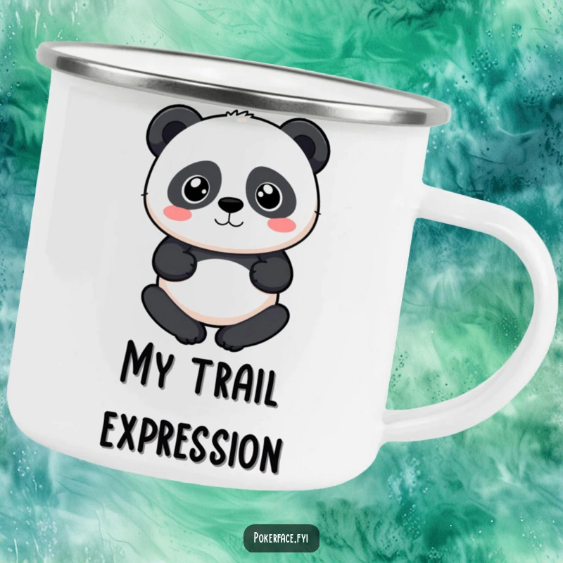 Funny Panda Camping Mug featuring a panda with a perfectly neutral expression, bringing humorous calm to outdoor trips, a perfect funny gift.