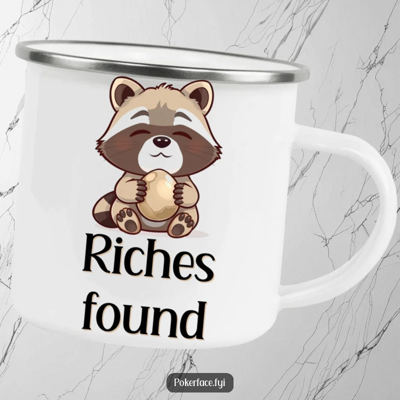 Funny Camping Mug with a content raccoon holding a shiny pebble, perfect for outdoor collecting humor.