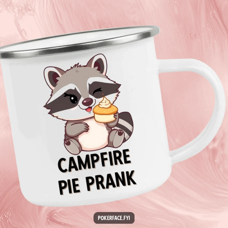 Funny mischievous raccoon winking, about to toss a tiny cream pie on a camping mug.