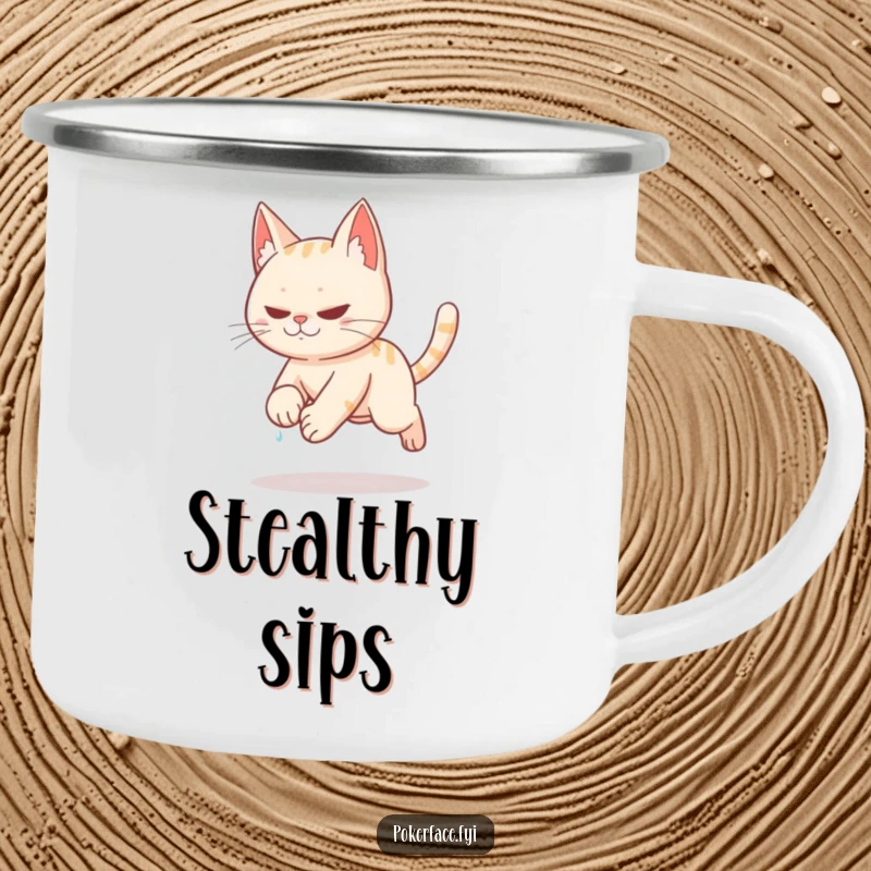 Funny stealthy cat tiptoeing slowly with sweat on brow on a camping mug.