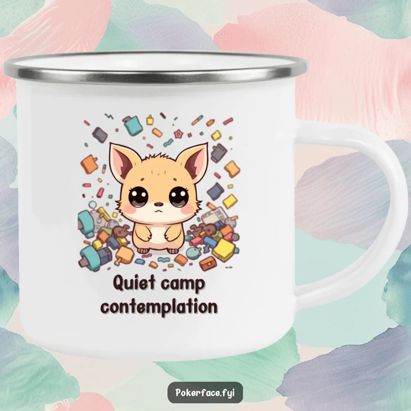 Funny Zen Creature Camping Mug: Wide-eyed creature with neutral face, calm amidst chaos, perfect for funny outdoor moments.