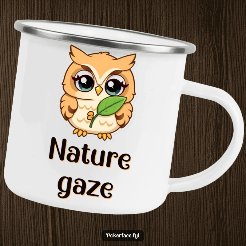 Funny Camping Mug with a wide-eyed owl holding a single leaf, perfect for outdoor observation humor.